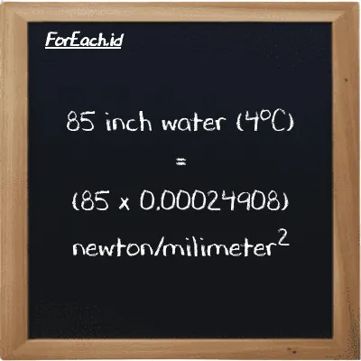 How to convert inch water (4<sup>o</sup>C) to newton/milimeter<sup>2</sup>: 85 inch water (4<sup>o</sup>C) (inH2O) is equivalent to 85 times 0.00024908 newton/milimeter<sup>2</sup> (N/mm<sup>2</sup>)